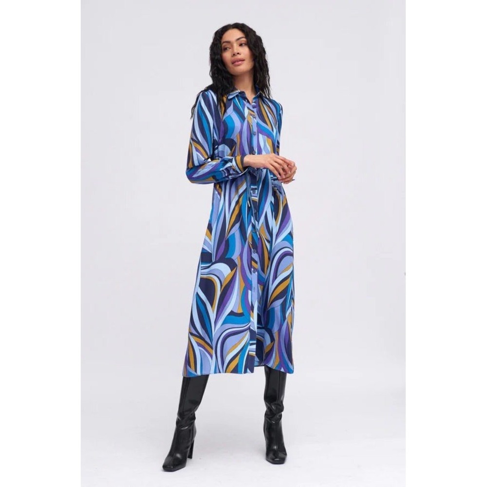 Tinta & Bariloche Zeline Shirt Maxi Dress Blue Geometric Print Belted Size XL‎